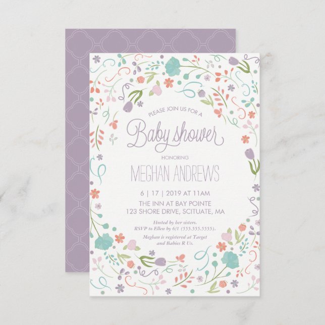 Baby Shower Invitation, Pretty Flowers Girl Invite (Front/Back)