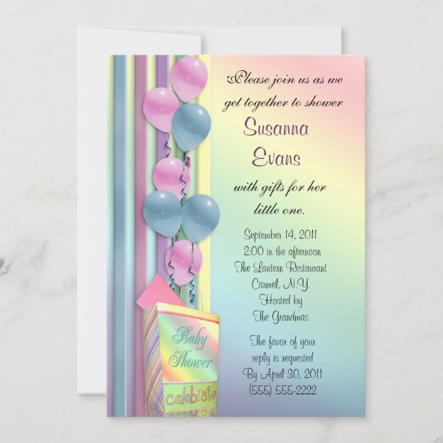 Baby Shower invitation rainbow colours balloons (Front)