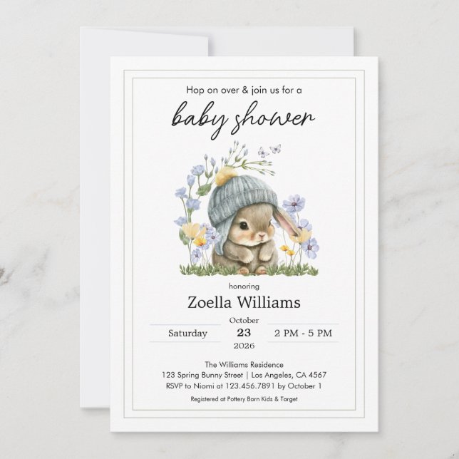 Baby Shower Invitation Simple Flowers Bunny (Front)