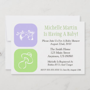 Baby Shower Invitation Stork/Pacifier Purple/Green