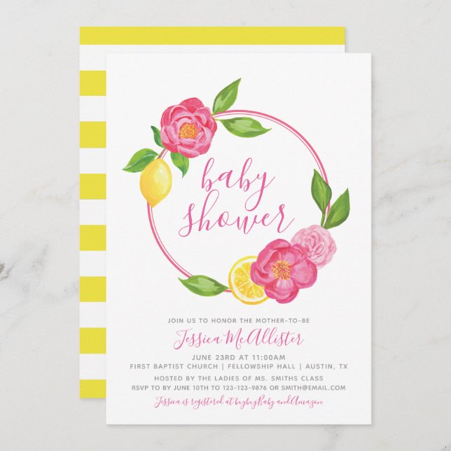 Baby Shower Invitation | Stripes Yellow Lemon Rose (Front/Back)