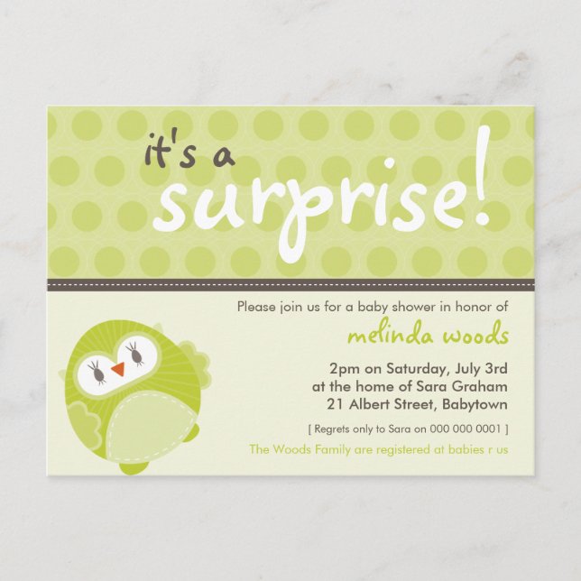 BABY SHOWER INVITATION :: surprise owl 2 Postcard (Front)