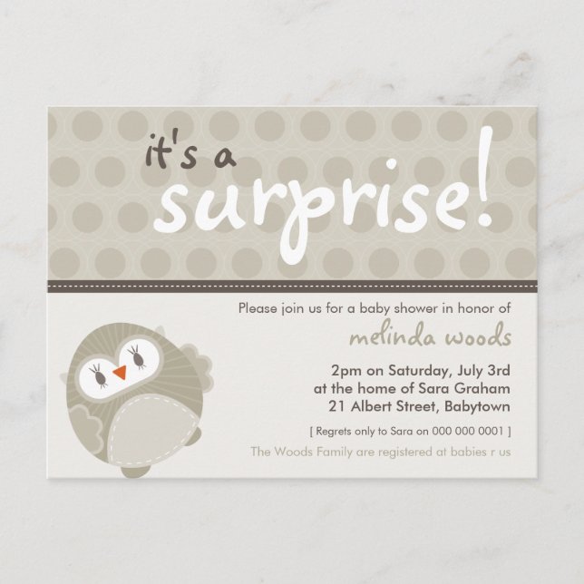 BABY SHOWER INVITATION :: surprise owl 6 Postcard (Front)