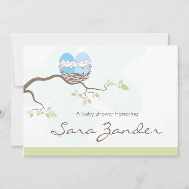 Baby Shower Invitation - Twin Blue Baby Birds (Front)