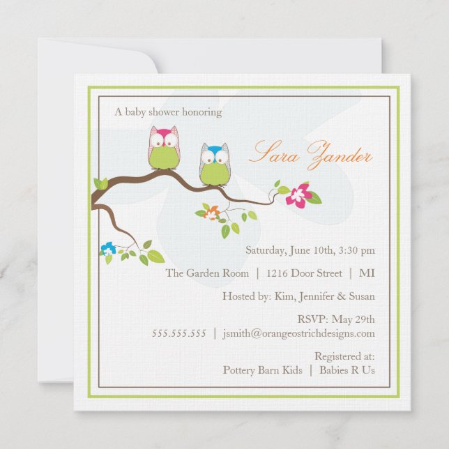 Baby Shower Invitation - Twin Boy & Girl Baby Owls (Front)