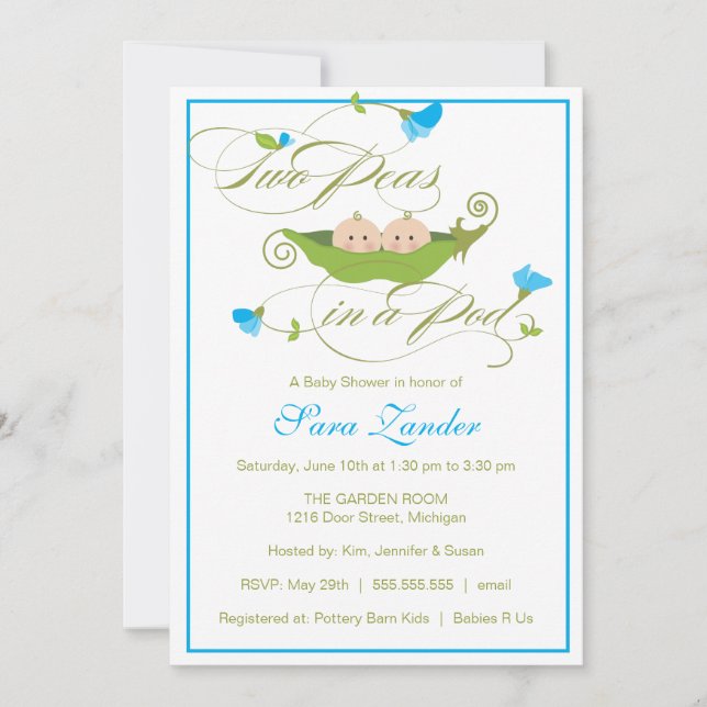 Baby Shower Invitation - Twin Boys Pea in a Pod (Front)