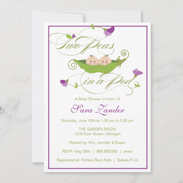 Baby Shower Invitation - Twin Girls Pea in a Pod (Front)