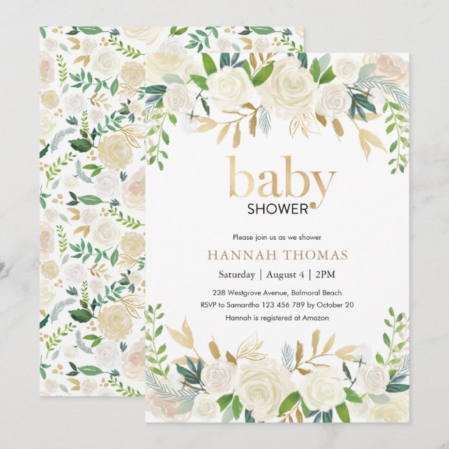 Baby Shower Invitation | White and gold floral (Front/Back)