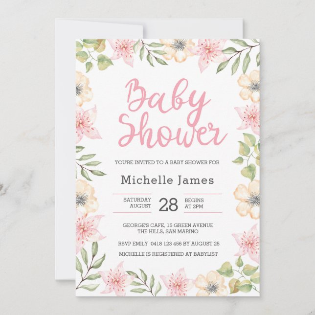 Baby Shower Invitation | White and pink flowers (Front)