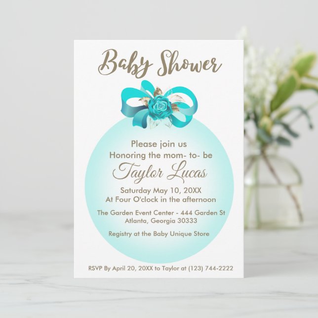  Baby Shower Invitation with a Blue Balloon & Bow (Standing Front)