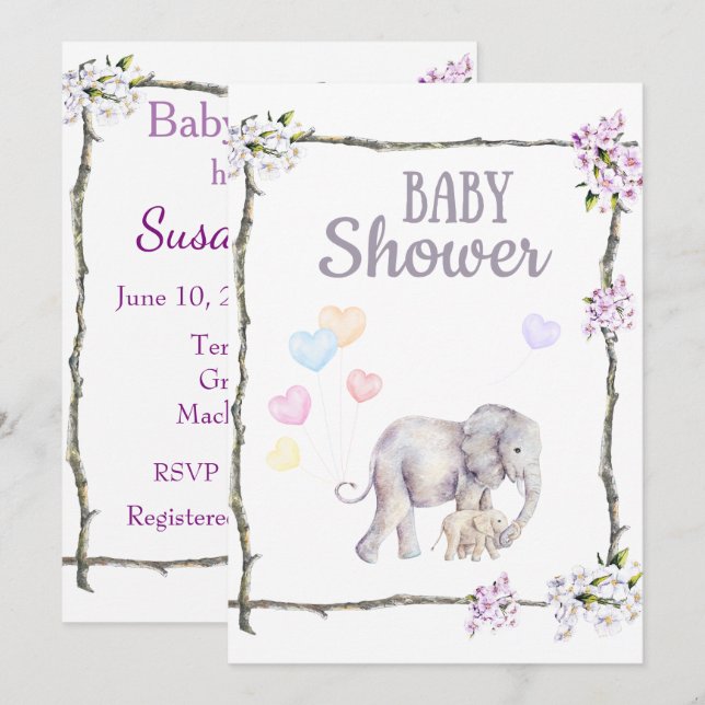Baby Shower Invitation with Baby Elephant (Front/Back)