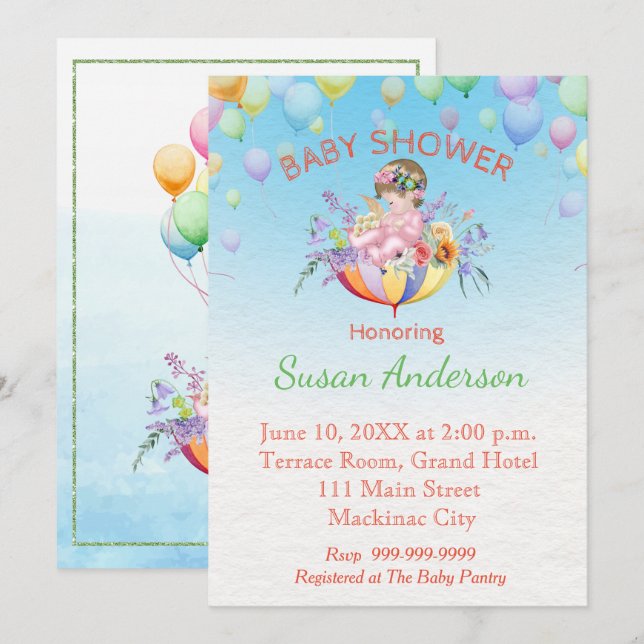 Baby Shower Invitation with Baby in Umbrella (Front/Back)
