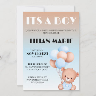 Baby Shower Invitation with cute bear and balloons