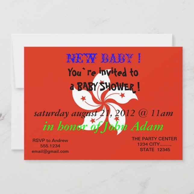 Baby Shower Invitation with Flag of Hong Kong (Front)