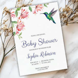 baby shower invitation with pink flowers and bird 