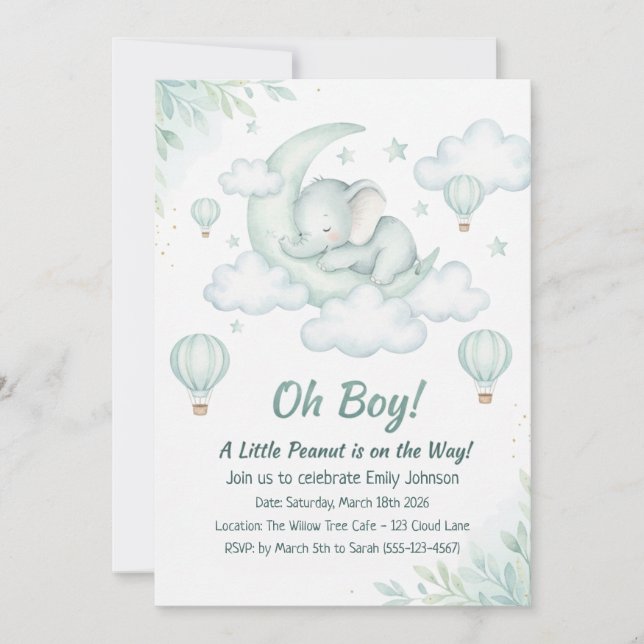 Baby Shower invitation with Sleeping Baby Elephant (Front)