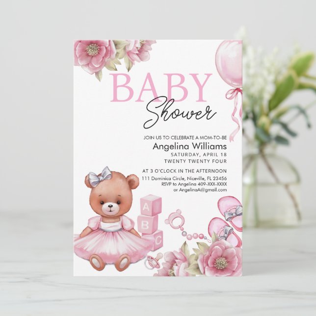 Baby Shower Invitation with teddy bear. (Standing Front)