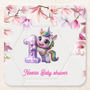 Baby Shower Invitation with Unicorn Square Paper Coaster
