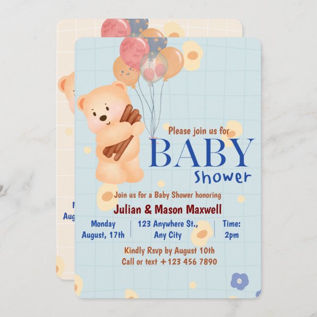 Baby Shower Invitations - Beige and Blue Cute Bear (Front/Back)
