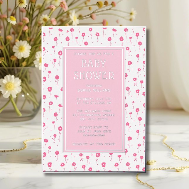 Baby Shower Invitations Floral Pink Silver Cute (Creator Uploaded)