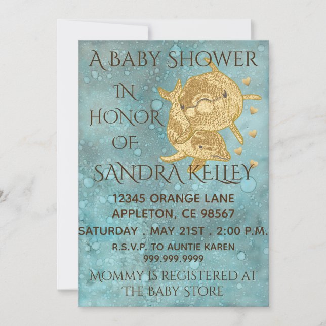 Baby Shower Invitations "Gold Dolphins/Mum & Baby" (Front)
