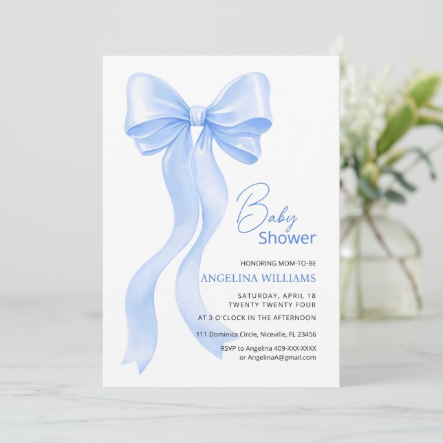 Baby shower invitations with adorable bow. (Standing Front)