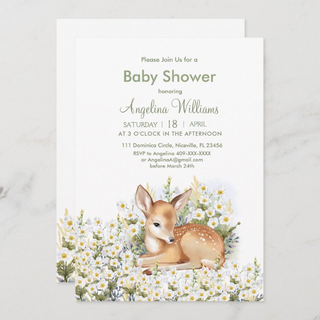 Baby shower invitations with an adorable  fawn. (Front/Back)