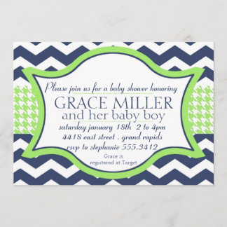 Baby shower invite. blue chevron bright green invitation
