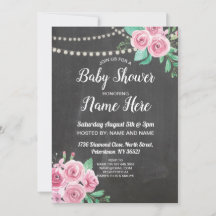 Baby Shower Invite Flower Chalk Floral Pink Roses