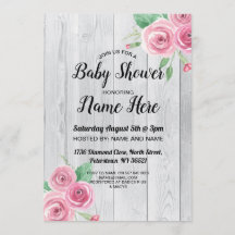 Baby Shower Invite Flower Wood Floral Pink Roses