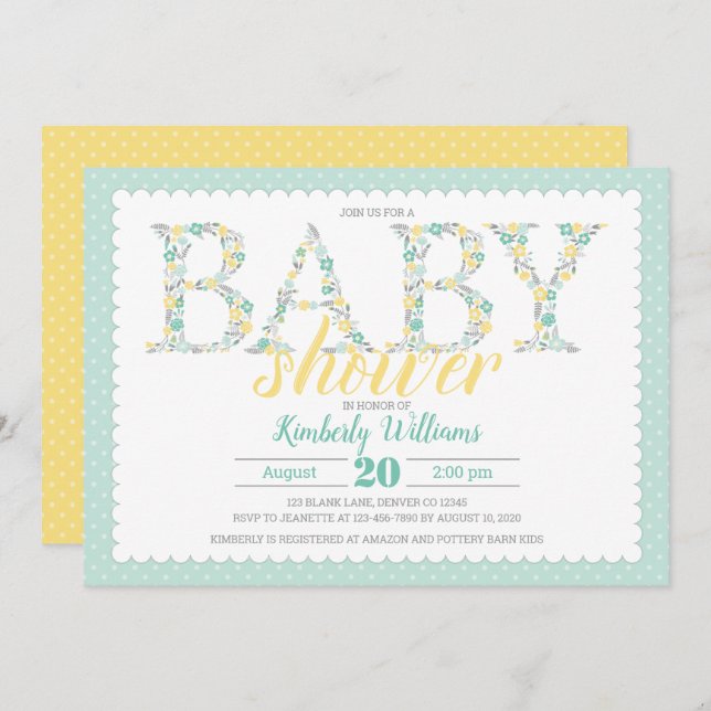 baby shower invite gender neutral green yellow (Front/Back)