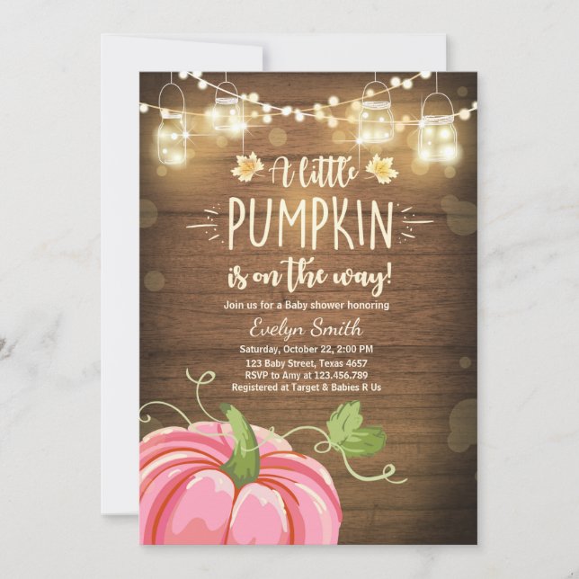 Baby Shower invite Little Pumpkin Fall Rustic Pink (Front)