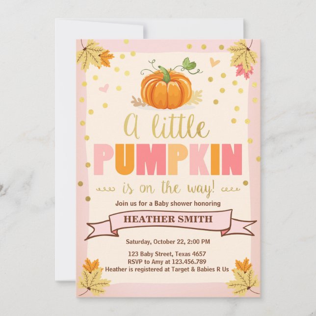 Baby Shower invite Little Pumpkin Pink Girl Fall (Front)