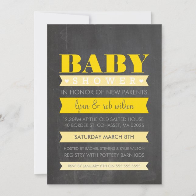 BABY SHOWER INVITE modern chalkboard yellow grey (Front)