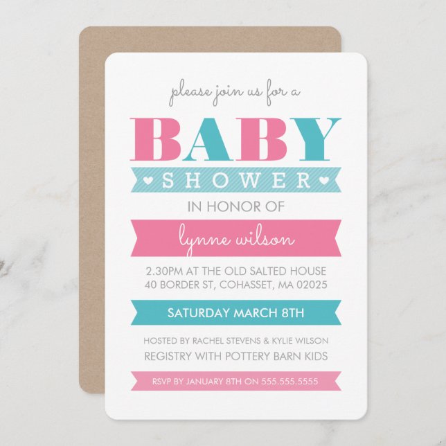 BABY SHOWER INVITE modern gender reveal pink blue (Front/Back)