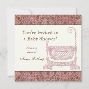 Baby Shower Invite - Pink Brown Damask Cradle