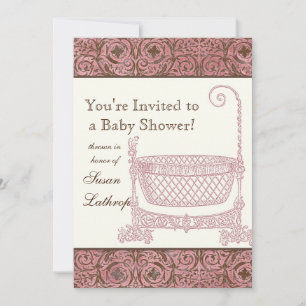 Baby Shower Invite - Pink Brown Damask Cradle