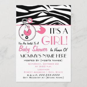 Baby Shower Invite - Pink Diaper Pin & Zebra Print