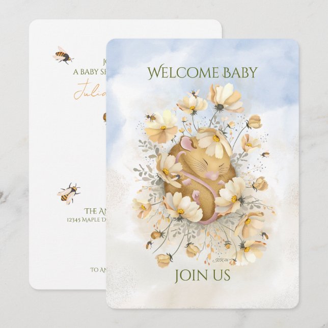 BABY SHOWER INVITE Sleeping Mouse in Bee Meadow  (Front/Back)