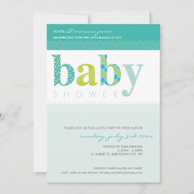 BABY SHOWER INVITES :: baby patterned letters 8P (Front)