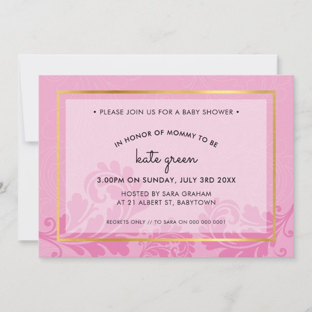 BABY SHOWER INVITES cute flourish pale pink gold (Front)