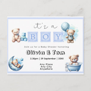 Baby Shower - It's a Boy! Teddy Bears. Editable Postcard