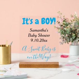 Baby Shower It's a Boy White Blue NAME Clear Acrylic Sign