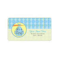 Baby Shower Label - Blue Plaid Stork - It's A Boy