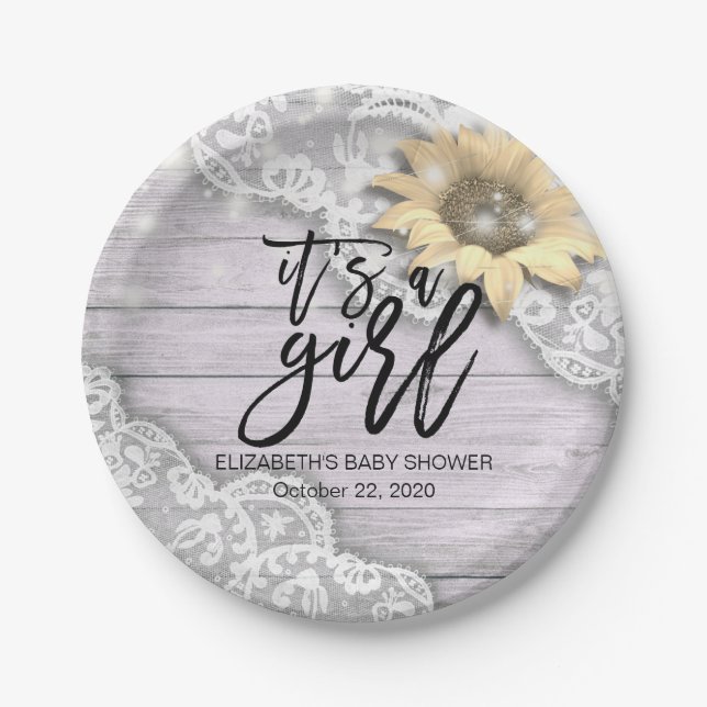 Baby Shower Lace Sunflower Barn Wood String Lights Paper Plate (Front)