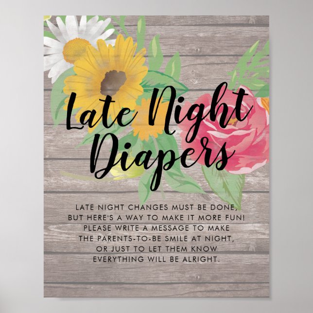 Baby Shower Late Night Diapers Flowers Rustic Wood Poster (Front)