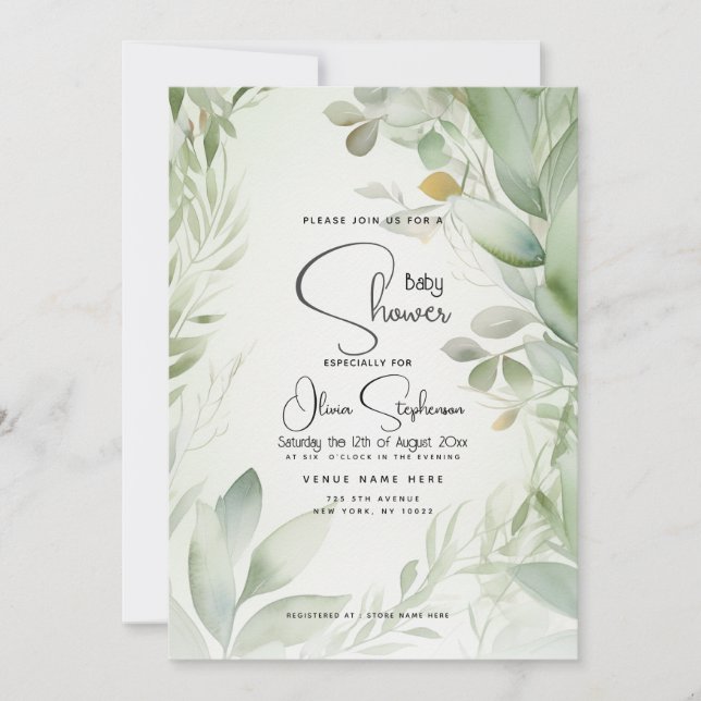 Baby Shower- Leafy Watercolor Foliage  Invitation (Front)