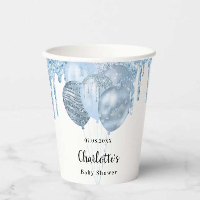 Baby Shower light blue boy glitter balloons white Paper Cups (Front)