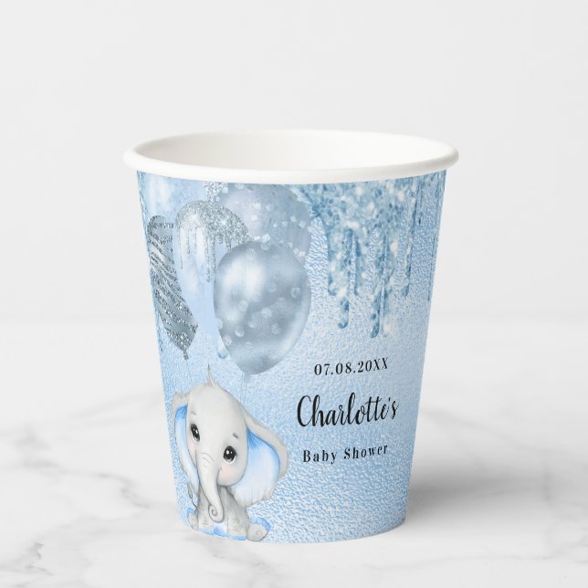 Baby Shower light blue boy glitter elephant Paper Cups (Front)