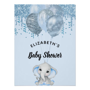 Baby Shower light blue elephant boy balloons Poster